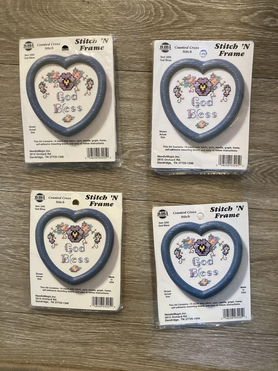 NeedleMagic God Bless Stitch 'N Frame Counted Cross Stitch Kit - Heart Frame (4 Kits)