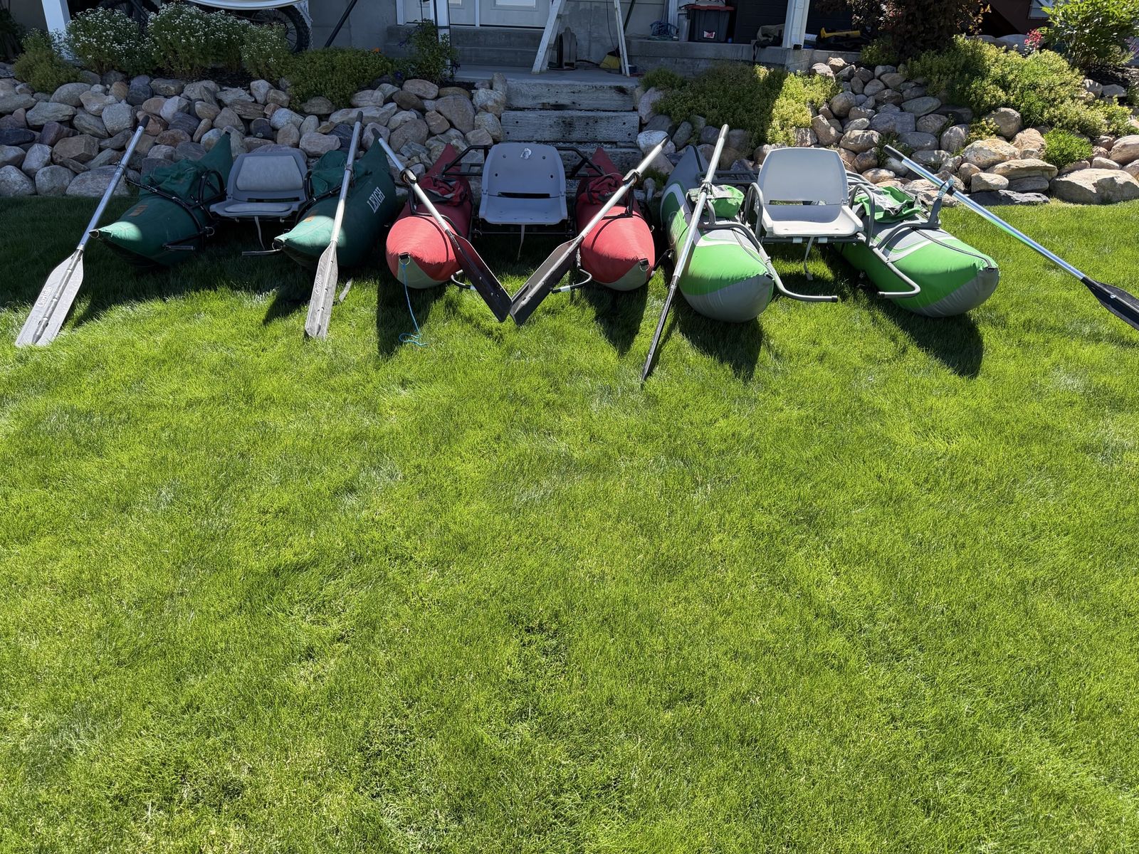 Package deal Montana Outdoors, Creek, and Leigh Pontoons with Oars - Good Condition for Fishing and Recreation