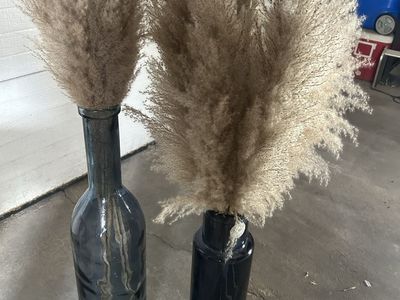 2 Decorative Vases with Pampas Grass - Blue/Black Glass Bottles, Unique Home Decor