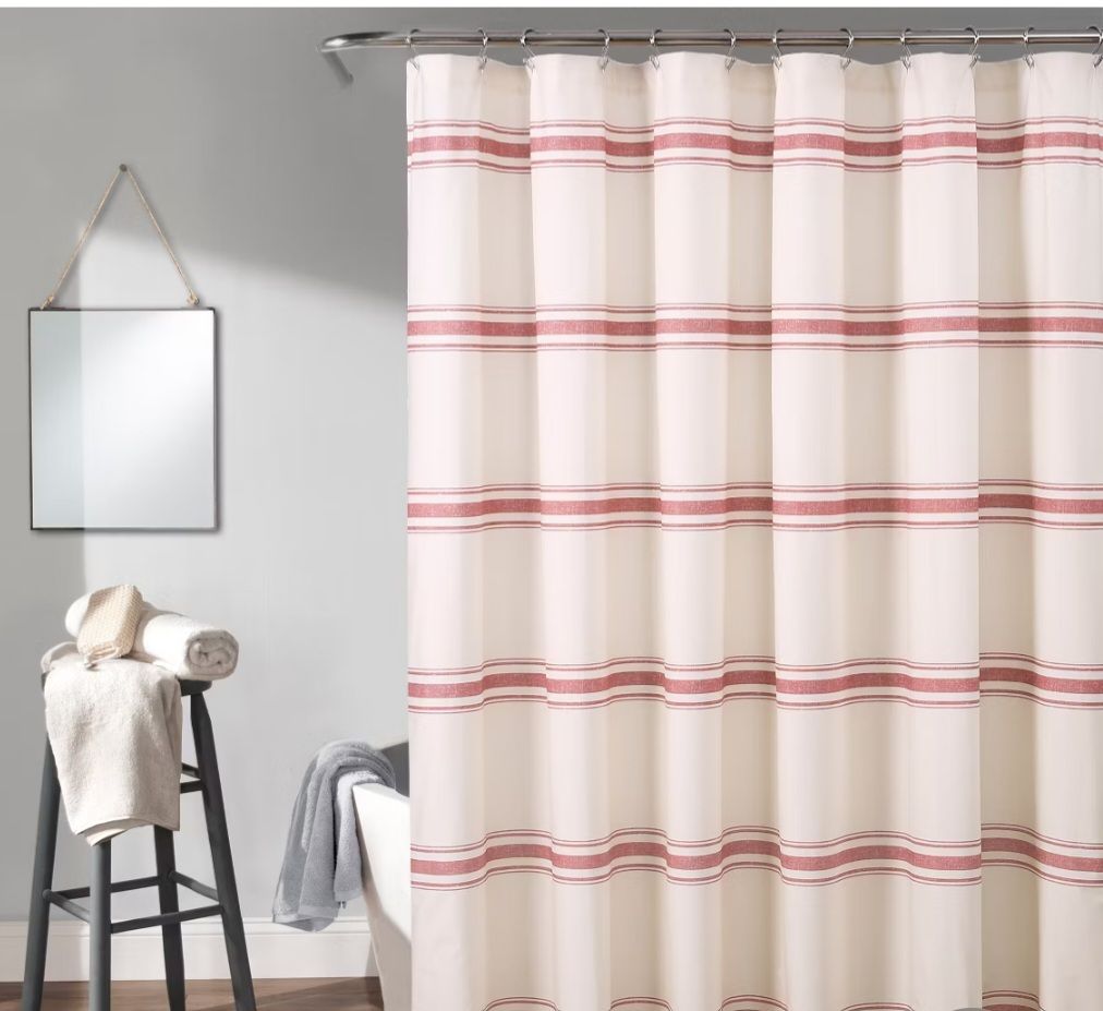 LUSH FARMHOUSE STRIPE ONE SHOWER CURTAIN RED 72" BY 72"