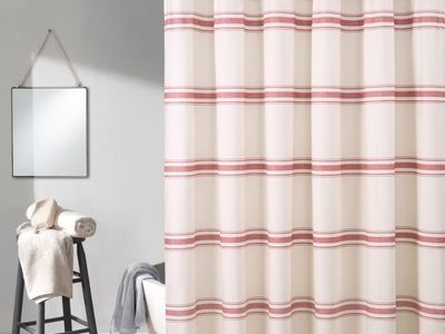 LUSH FARMHOUSE STRIPE ONE SHOWER CURTAIN RED 72" BY 72"