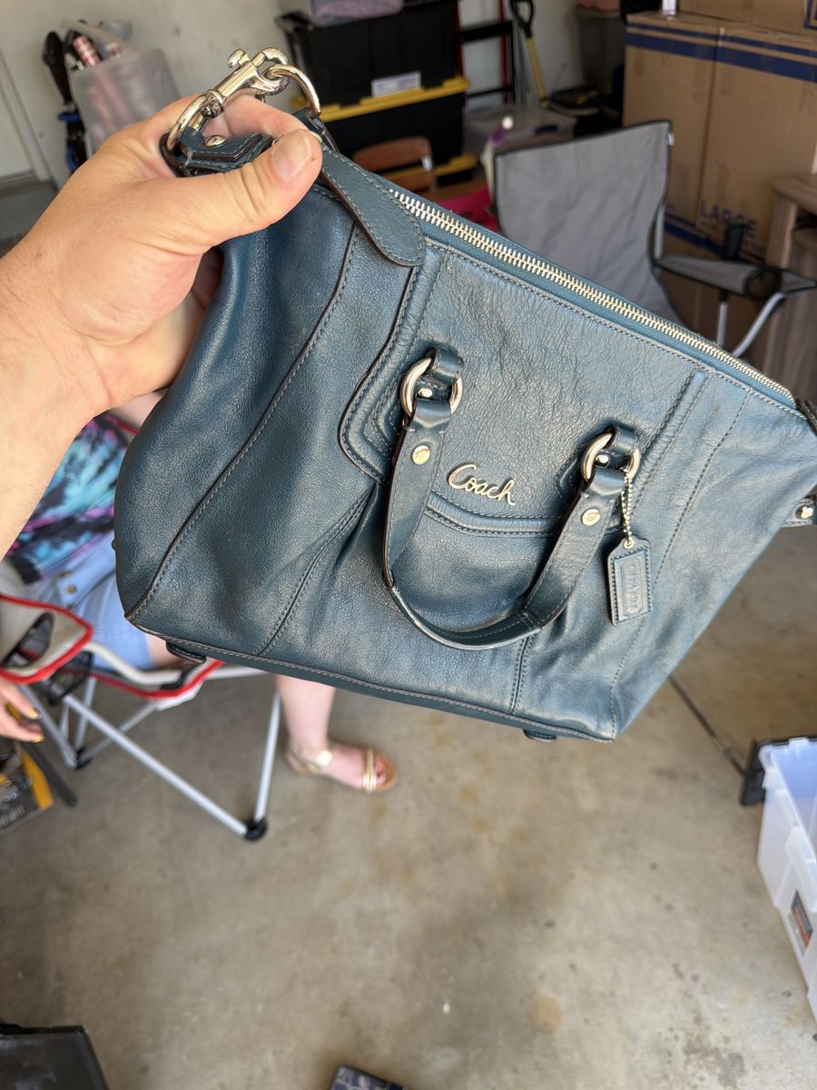 Coach Dark Teal Blue Leather Satchel Handbag Crossbody Bag with Silver Hardware