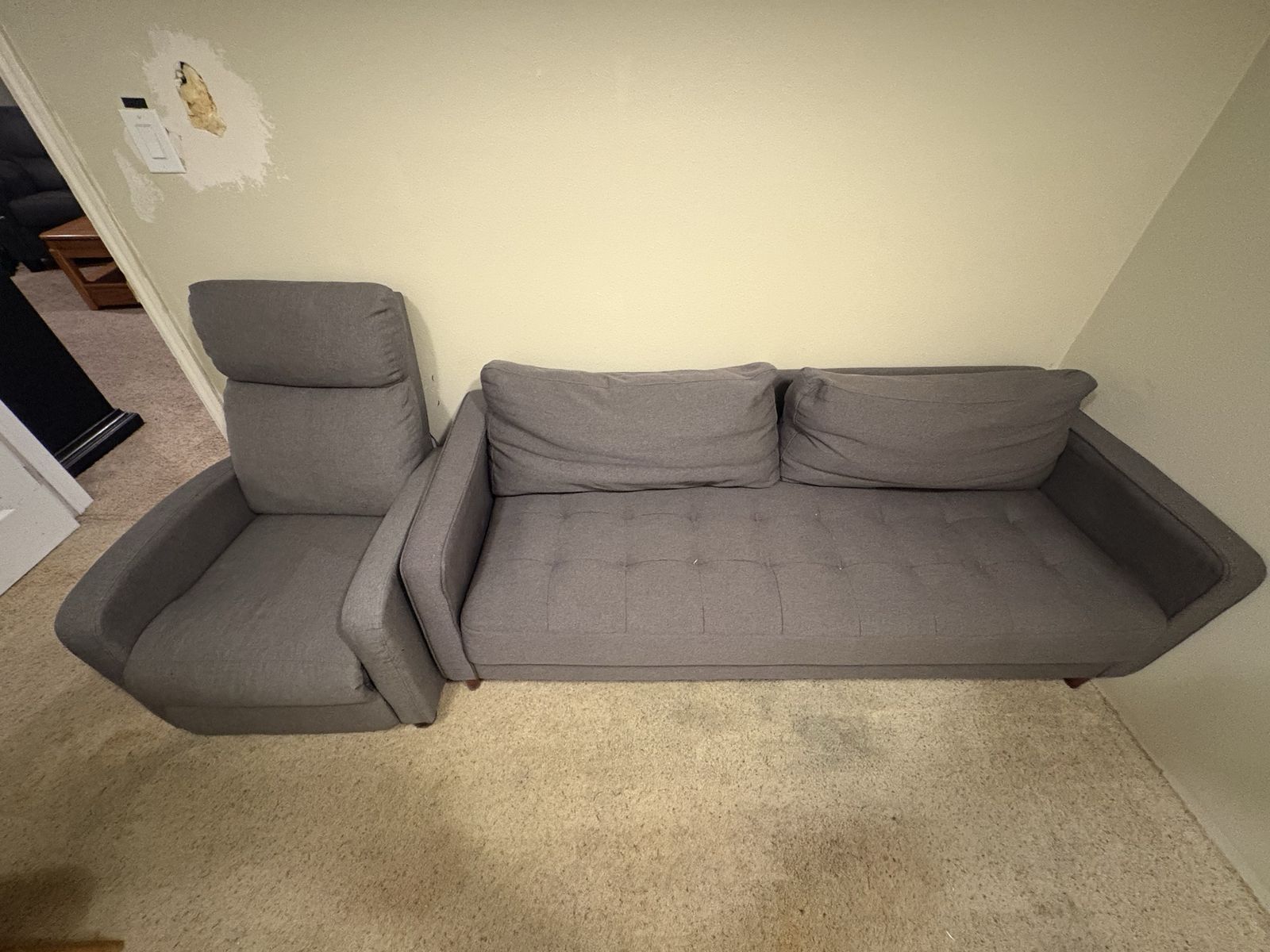 Gray Upholstered Sofa and Recliner