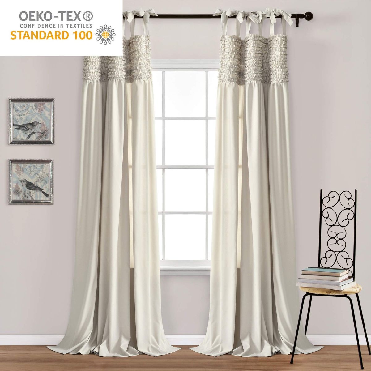 New! Lush Decor Lydia Ruffle Light Filtering Window Curtain Panels Pair 40" W x 95" L Neutral - Beige Curtains for Bedroom - Coq