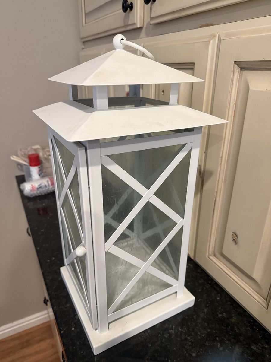 White Metal Decorative Candle Lantern with Glass Panels