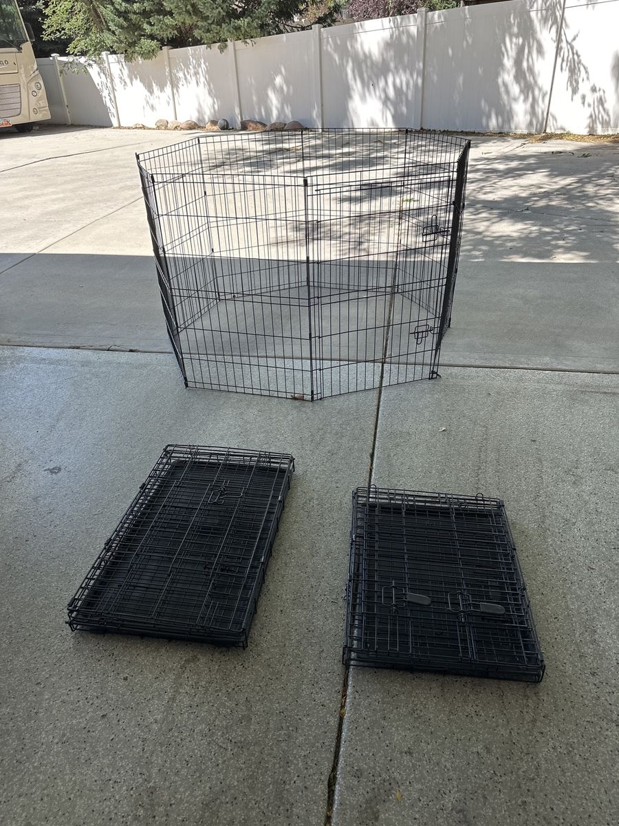 Dog Crate & Playpen Bundle: 30" & 24" Folding Wire Crates + 8-Panel Exercise Pen