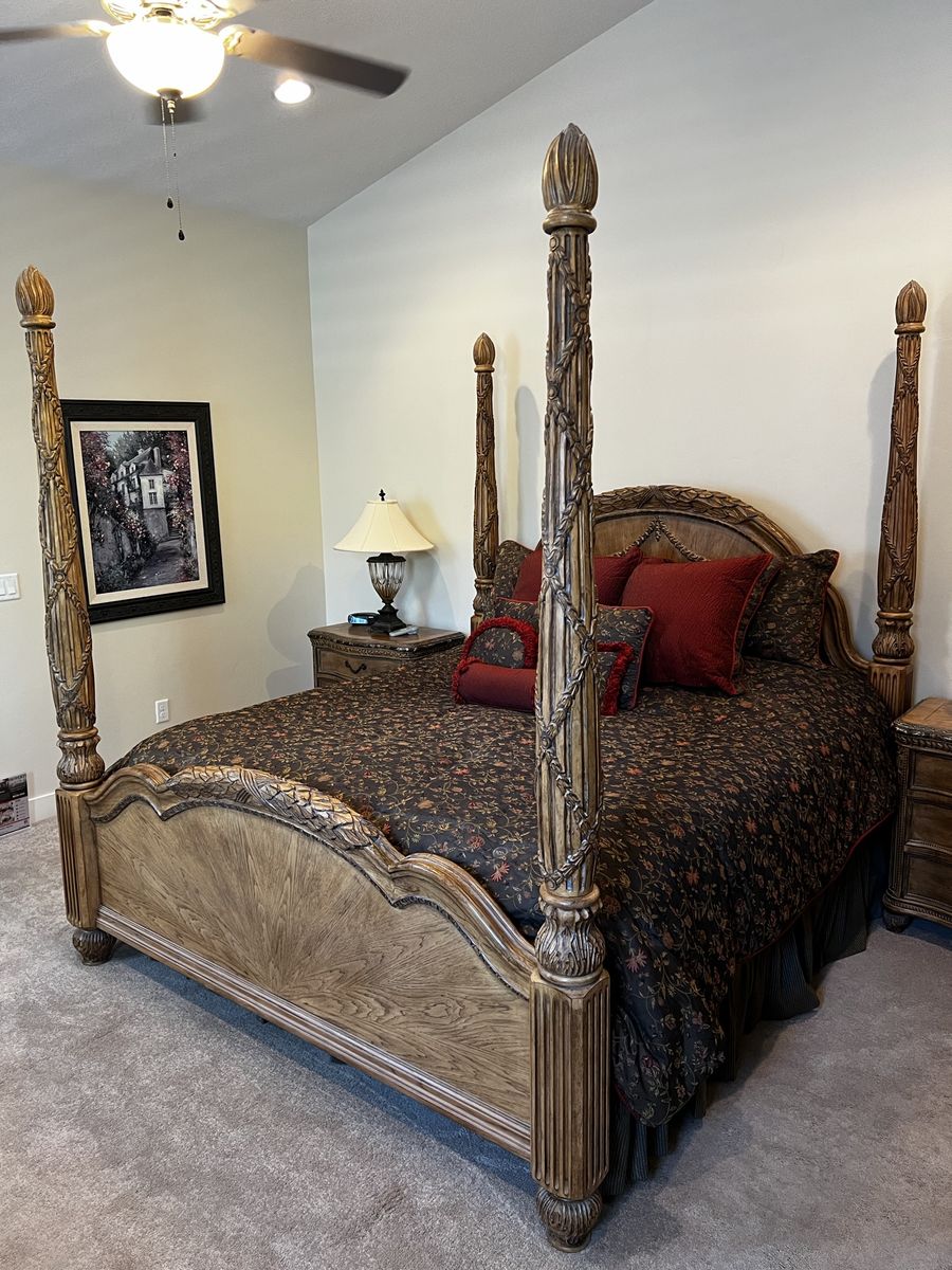 Traditional Carved Wood Four Poster Bed and complete bedroom set.