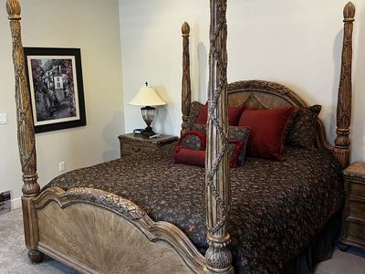 Traditional Carved Wood Four Poster Bed and complete bedroom set.