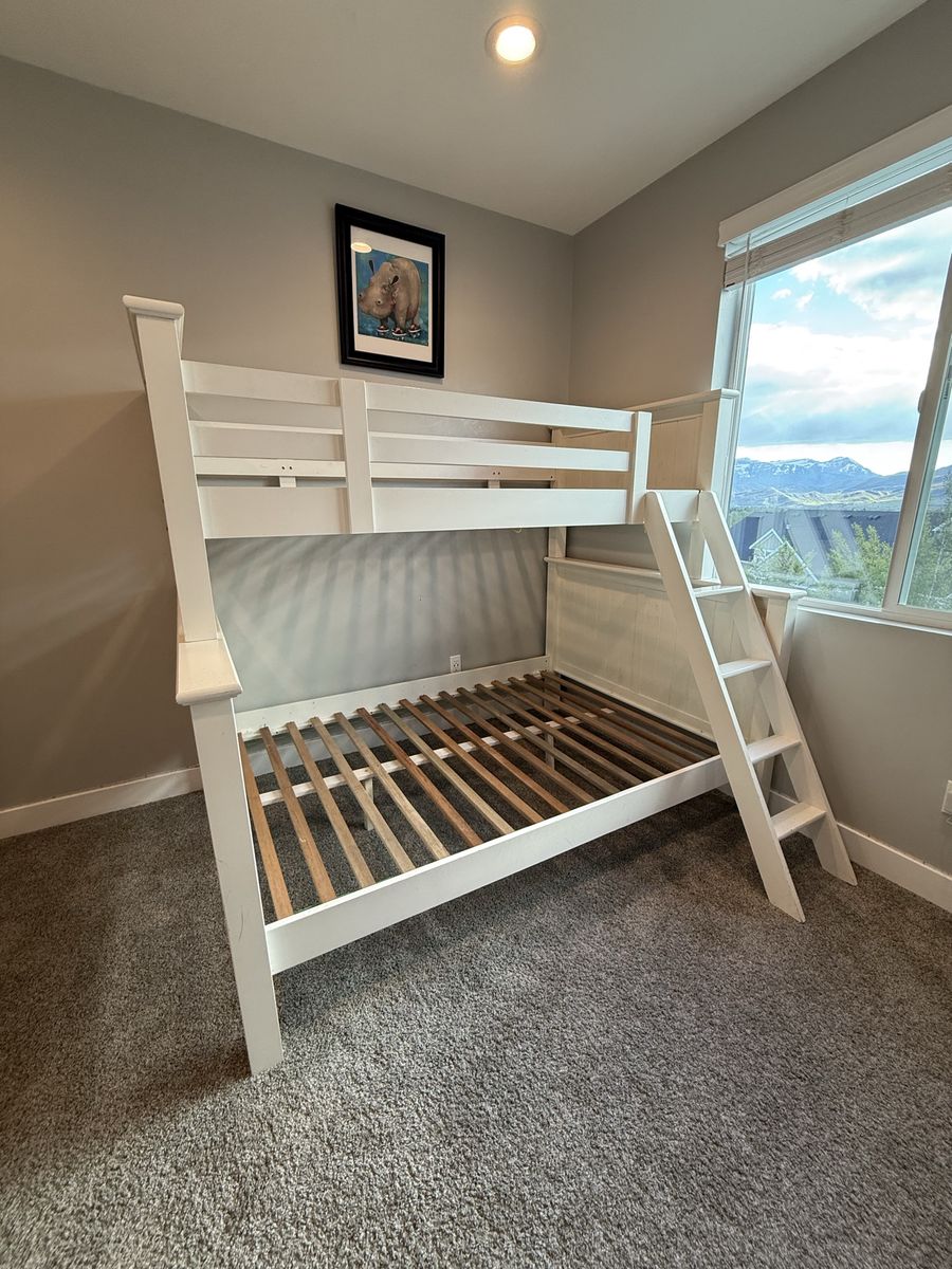 White Solid Wood Twin Over Full Bunk Bed with Ladder & Guard Rail