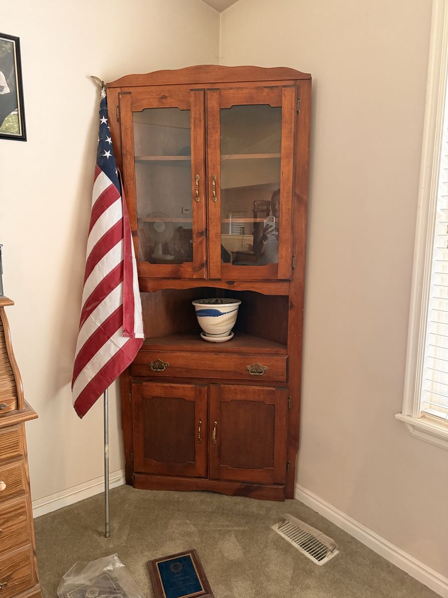 Wooden Corner Cabinet Hutch with Glass Doors & Storage Drawer - Rustic Farmhouse Style