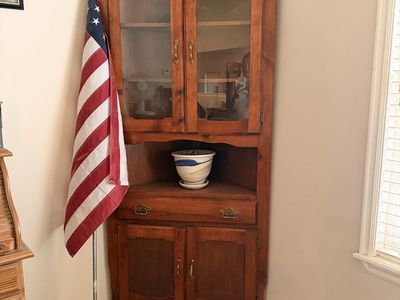 Wooden Corner Cabinet Hutch with Glass Doors & Storage Drawer - Rustic Farmhouse Style