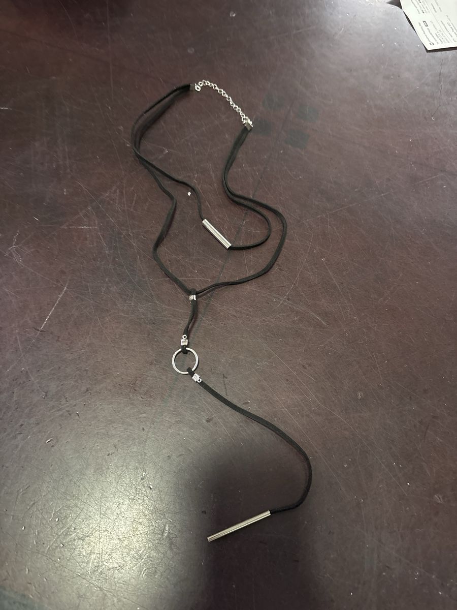 Black Cord Lariat Necklace with Silver-Tone Rings and Bar Accents