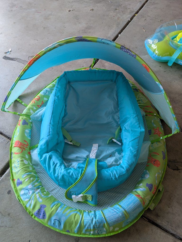 Inflatable Baby Spring Float with Sun Canopy - Blue Green Ocean Print