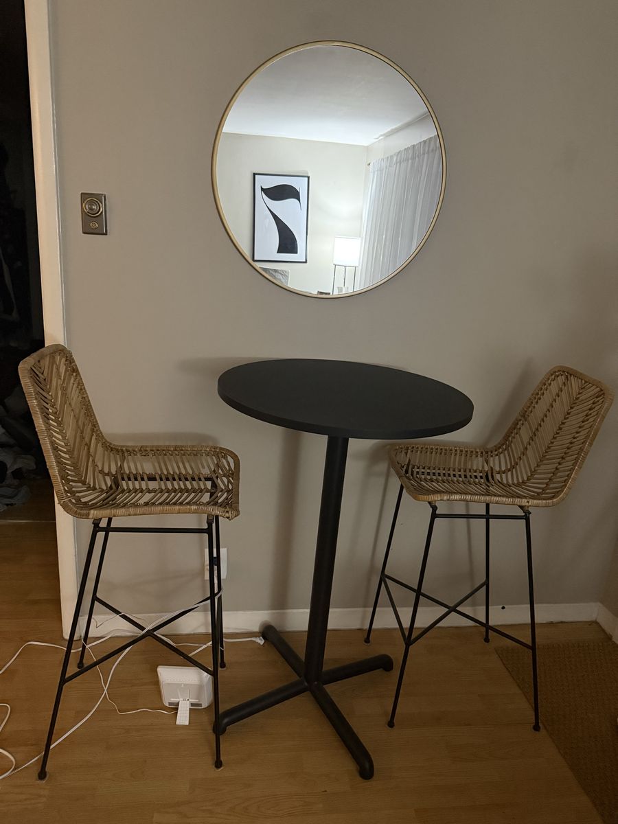 Modern Black Bistro Table & 2 Rattan Bar Stools Set - Perfect for Small Spaces