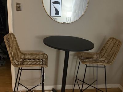 Modern Black Bistro Table & 2 Rattan Bar Stools Set - Perfect for Small Spaces