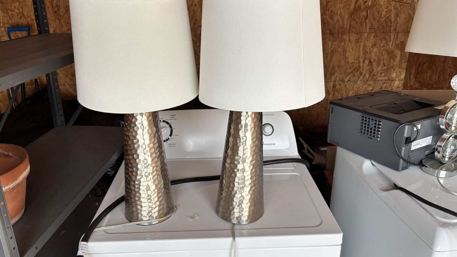 Pair of Modern Hammered Silver Table Lamps with White Fabric Shades - Home Decor Lighting