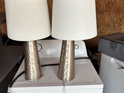 Pair of Modern Hammered Silver Table Lamps with White Fabric Shades - Home Decor Lighting