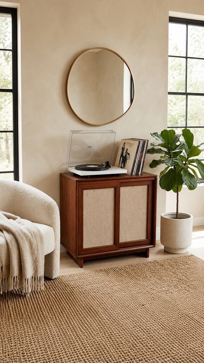 Modern Mid Century Style Record Player Turntable Stand w/Sliding Textured Panel Doors & Hidden Record Storage