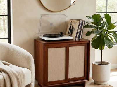Modern Mid Century Style Record Player Turntable Stand w/Sliding Textured Panel Doors & Hidden Record Storage