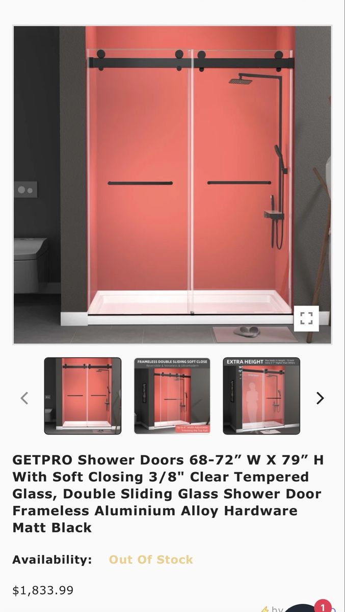 GETPRO 68-72" W x 79" H Frameless Double Sliding Shower Door 3/8" Clear Tempered Glass Matt Black