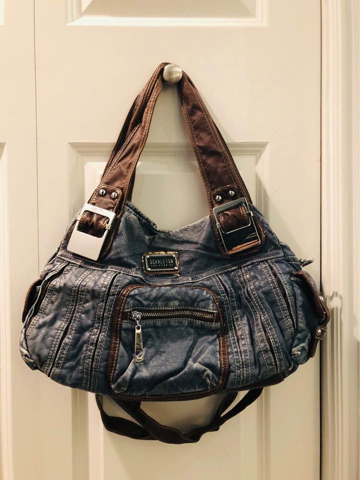 Scarleton Washed Denim & Brown Faux Leather Hobo Bag with Pockets