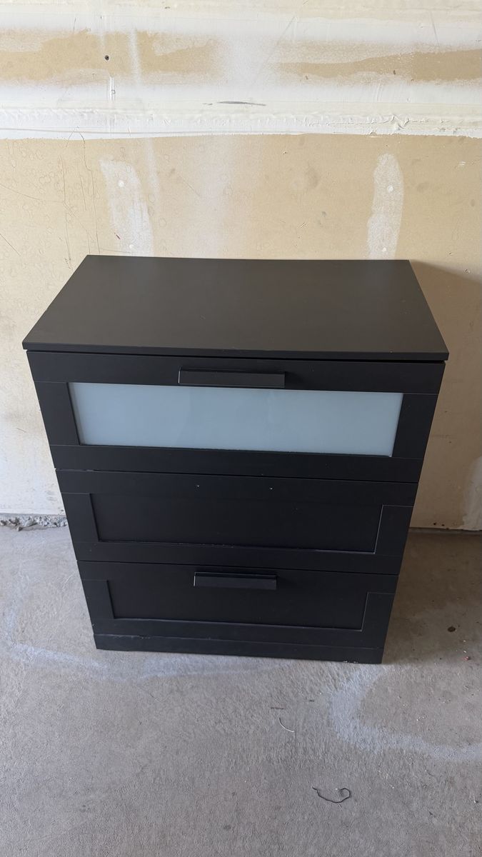 Black 3-Drawer Chest with Frosted Glass Top Drawer - 31.5" H x 31.5" W x 17" D