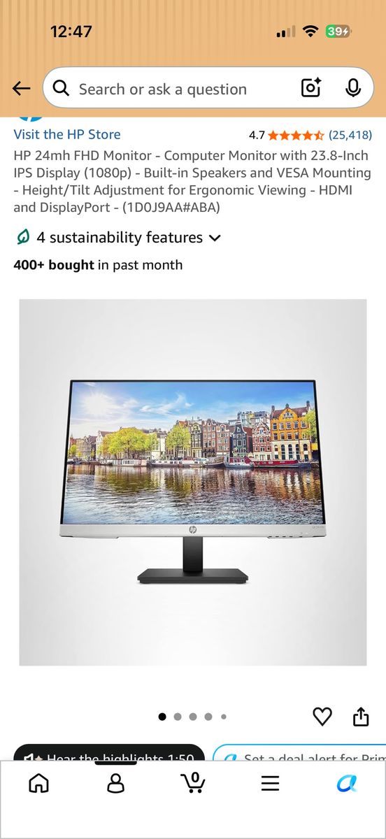 HP 24mh FHD 23.8" IPS Monitor - 1080p, Built-in Speakers, VESA, Height/Tilt Adjust, HDMI/DisplayPort