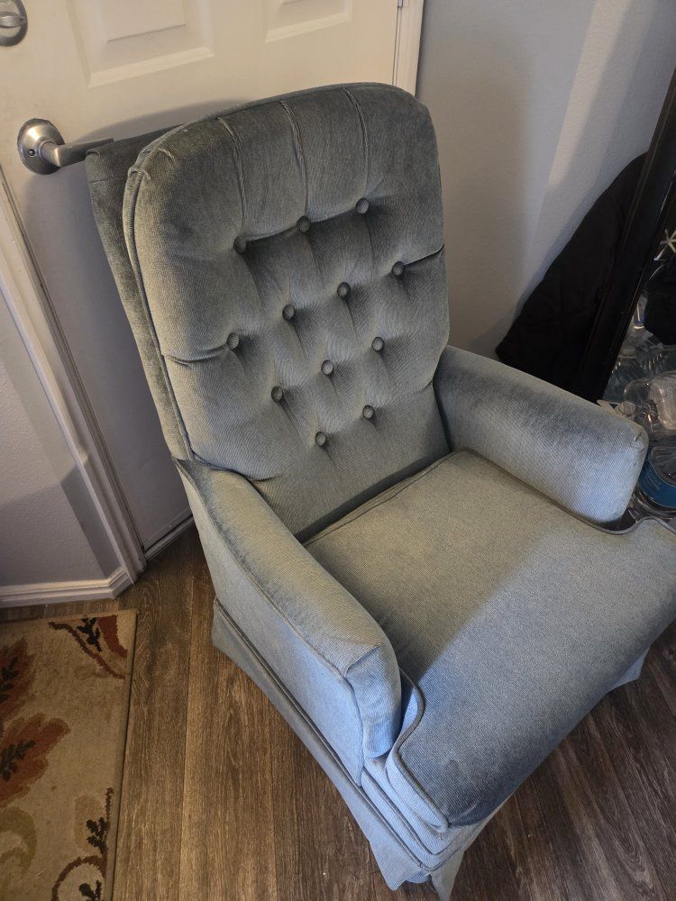 Vintage blue grey tufted armchair. Has corduroy-like fabric. Features tufted high back and armrests. Seat width is about 24 inch