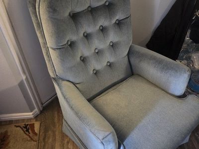 Vintage blue grey tufted armchair. Has corduroy-like fabric. Features tufted high back and armrests. Seat width is about 24 inch
