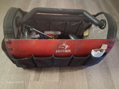 Husky Open Top Tool Bag - 12-inch Red & Black with Pockets, Durable Organizer for Tools