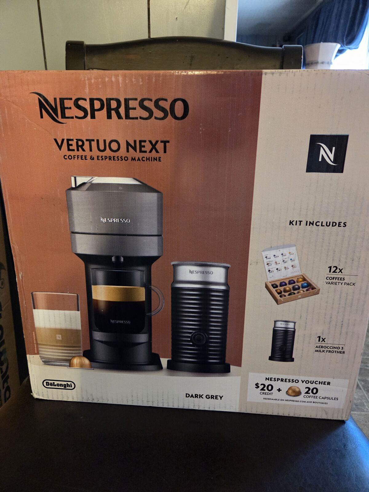 Brand new Nespresso Vertuo Next Deluxe by De’Longhi, Dark Grey with Milk Frother $125