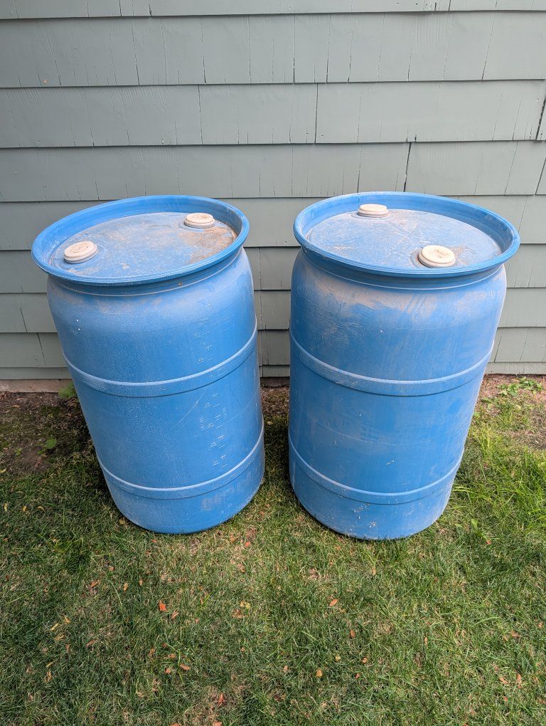 Pair of Blue Plastic 55-Gallon Rain Water Collection Barrels/Drums