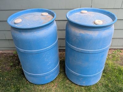 Pair of Blue Plastic 55-Gallon Rain Water Collection Barrels/Drums