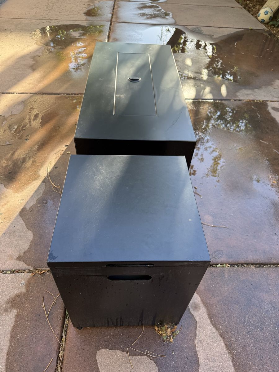 Black Outdoor Gas Fire Pit Table with Lid and Propane Tank Storage