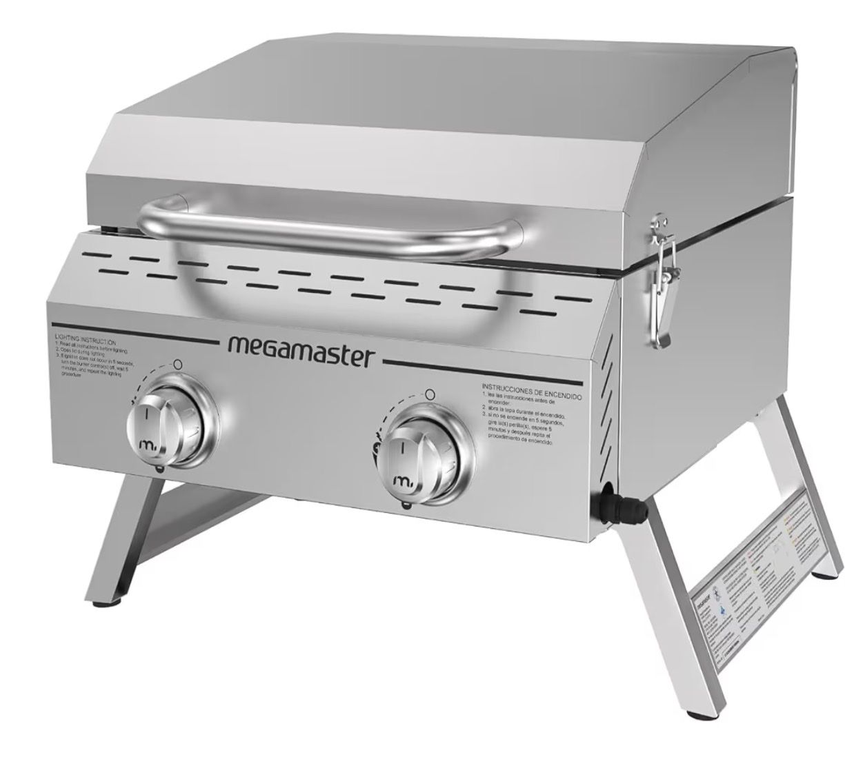 Megamaster 820-0033M 2-Burner Stainless Steel Portable Gas Grill, 16,000 BTUs, Foldable Legs