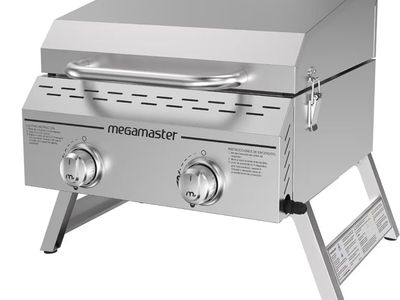 Megamaster 820-0033M 2-Burner Stainless Steel Portable Gas Grill, 16,000 BTUs, Foldable Legs