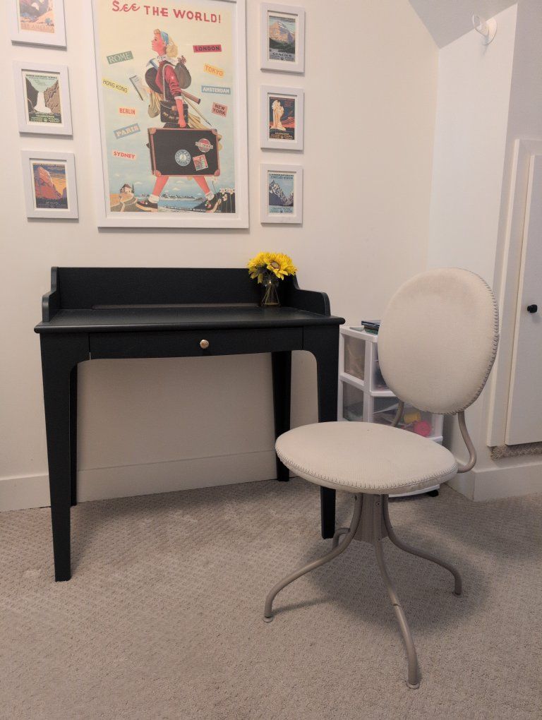 Stylish Wooden Writing Desk with Single Drawer and Cream Fabric Swivel Chair Set