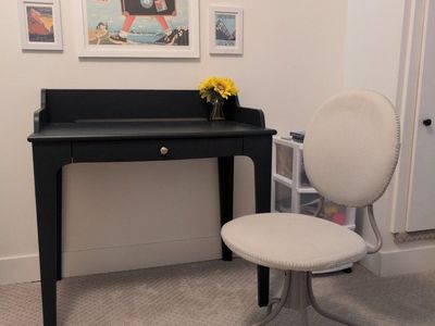Stylish Wooden Writing Desk with Single Drawer and Cream Fabric Swivel Chair Set