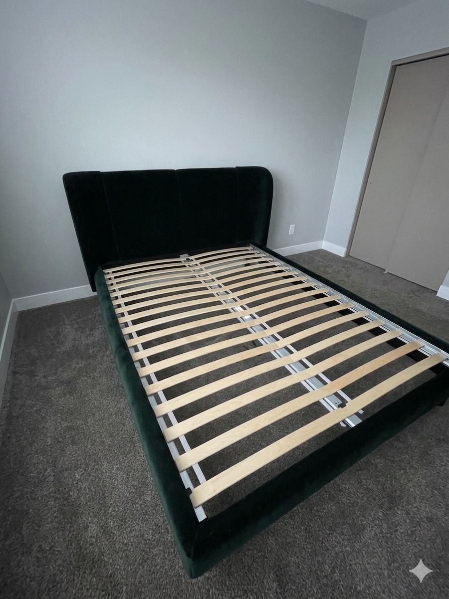Emerald Green Velvet Upholstered Queen Size Platform Bed Frame with Headboard - Excellent Condition