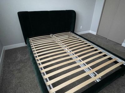 Emerald Green Velvet Upholstered Queen Size Platform Bed Frame with Headboard - Excellent Condition
