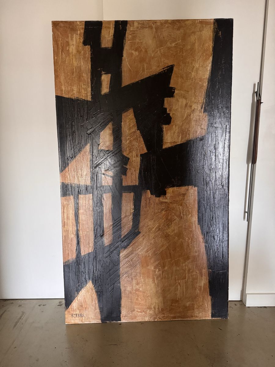 Vintage 1970s Abstract Expressionist Painting, Black & Tan, Signed Ramon, Large Format
