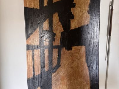 Vintage 1970s Abstract Expressionist Painting, Black & Tan, Signed Ramon, Large Format