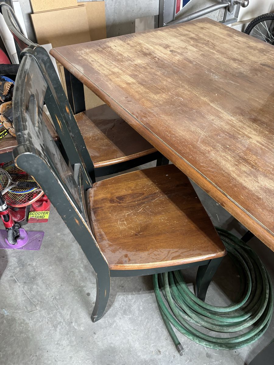 Used Dining Table and Chairs Set - Distressed Wood Finish, Black Legs, Perfect for Restoration Project
