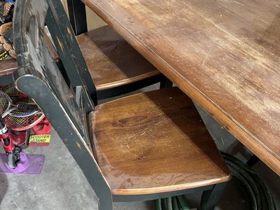 Used Dining Table and Chairs Set - Distressed Wood Finish, Black Legs, Perfect for Restoration Project