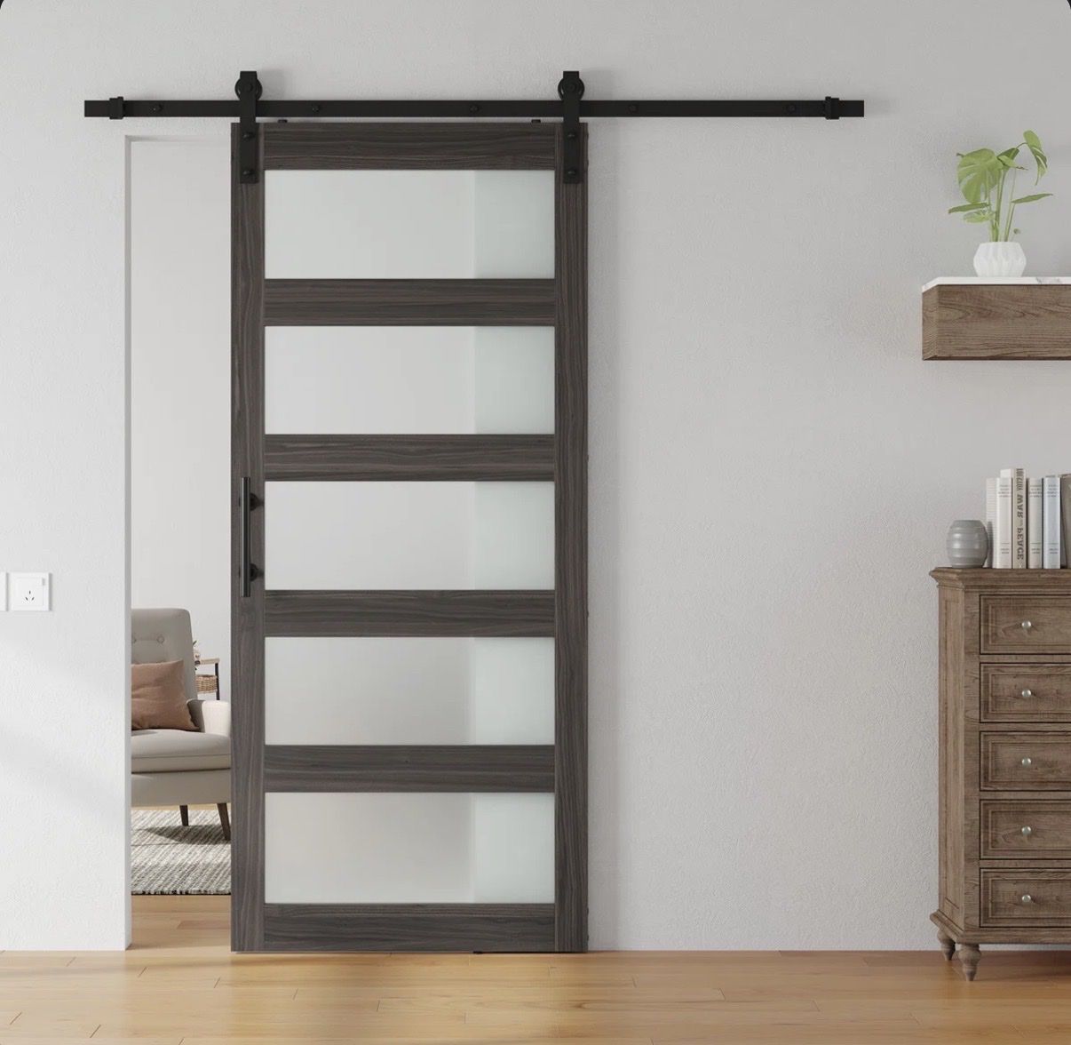 Brand new! 36x84 Paneled Wood Barn Door Frosted Glass with hardware kit BLACK 