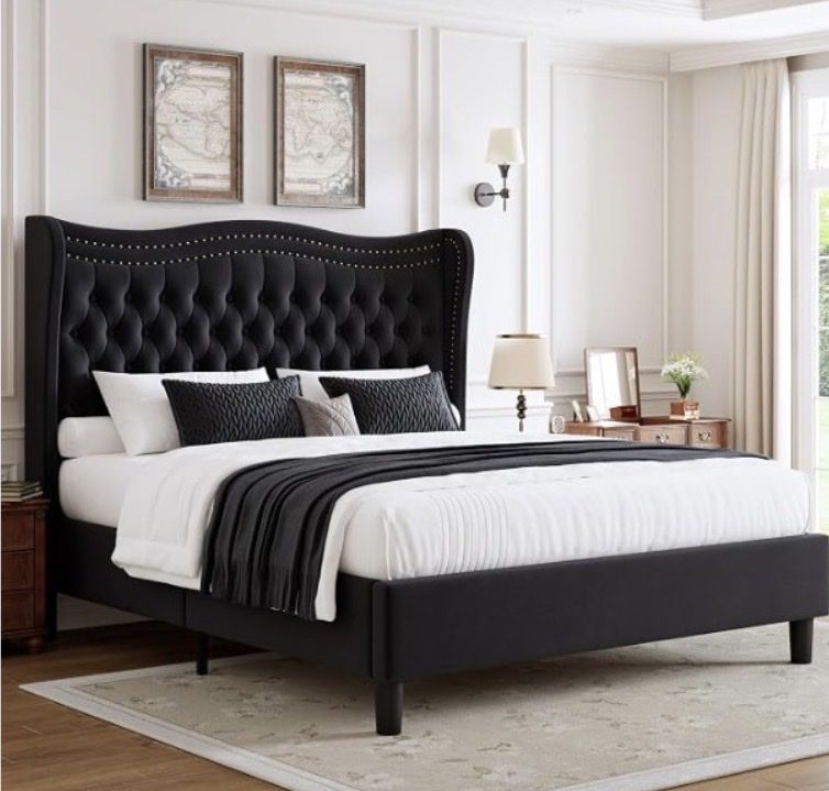 NEW-Upholstered Full Size Bed Frame with Tall Headboard, Velvet Wingback Platform Bed Frame