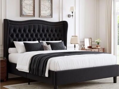 NEW-Upholstered Full Size Bed Frame with Tall Headboard, Velvet Wingback Platform Bed Frame