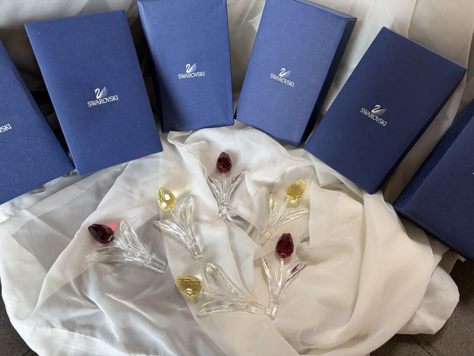 3 1/2 Inch Swarovski Crystal Tulips – 6 Total (Red & Yellow) – Original Boxes