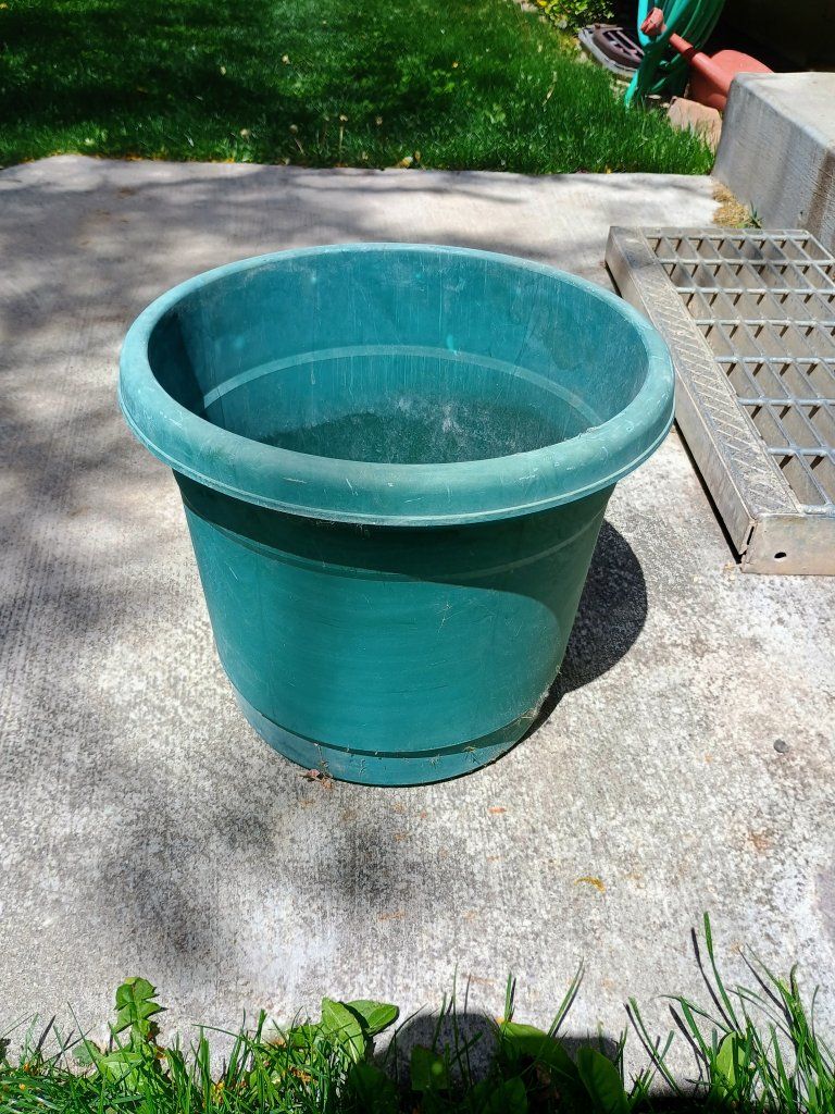 Plastic plant pot. 13" x 11" tall. green.