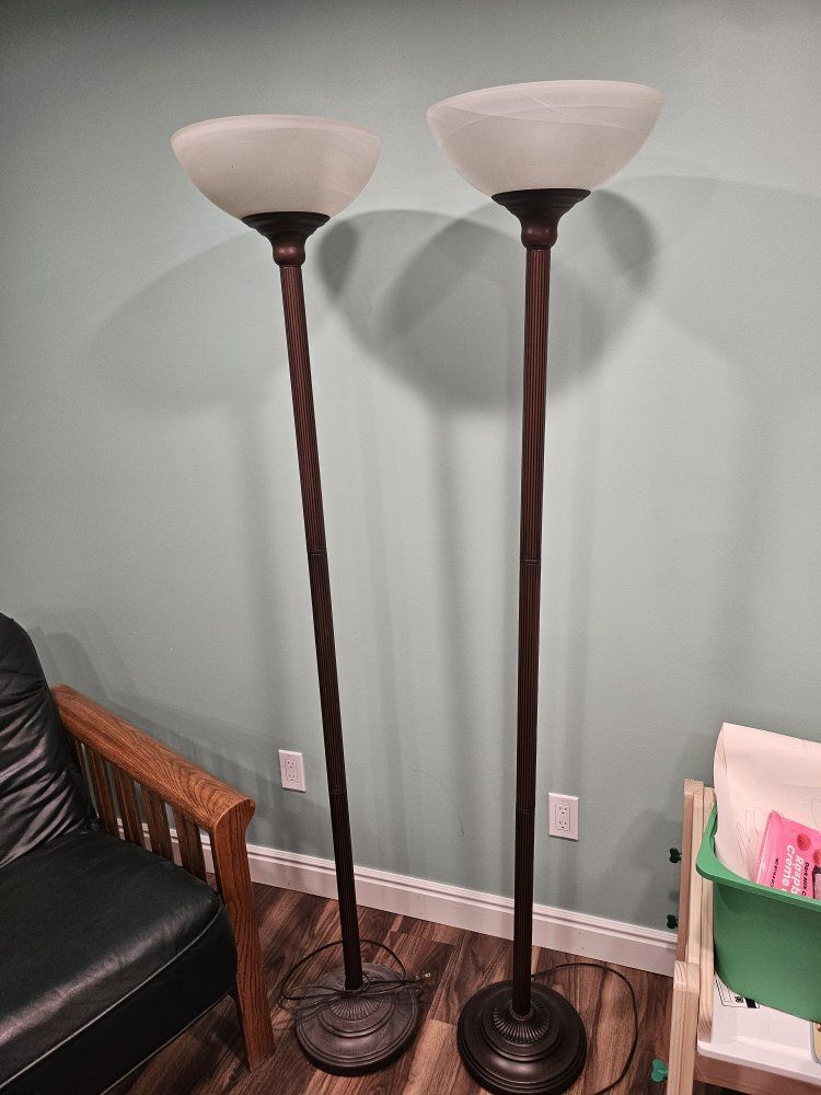 Pair of Bronze Torchiere Floor Lamps with Frosted Glass Shades